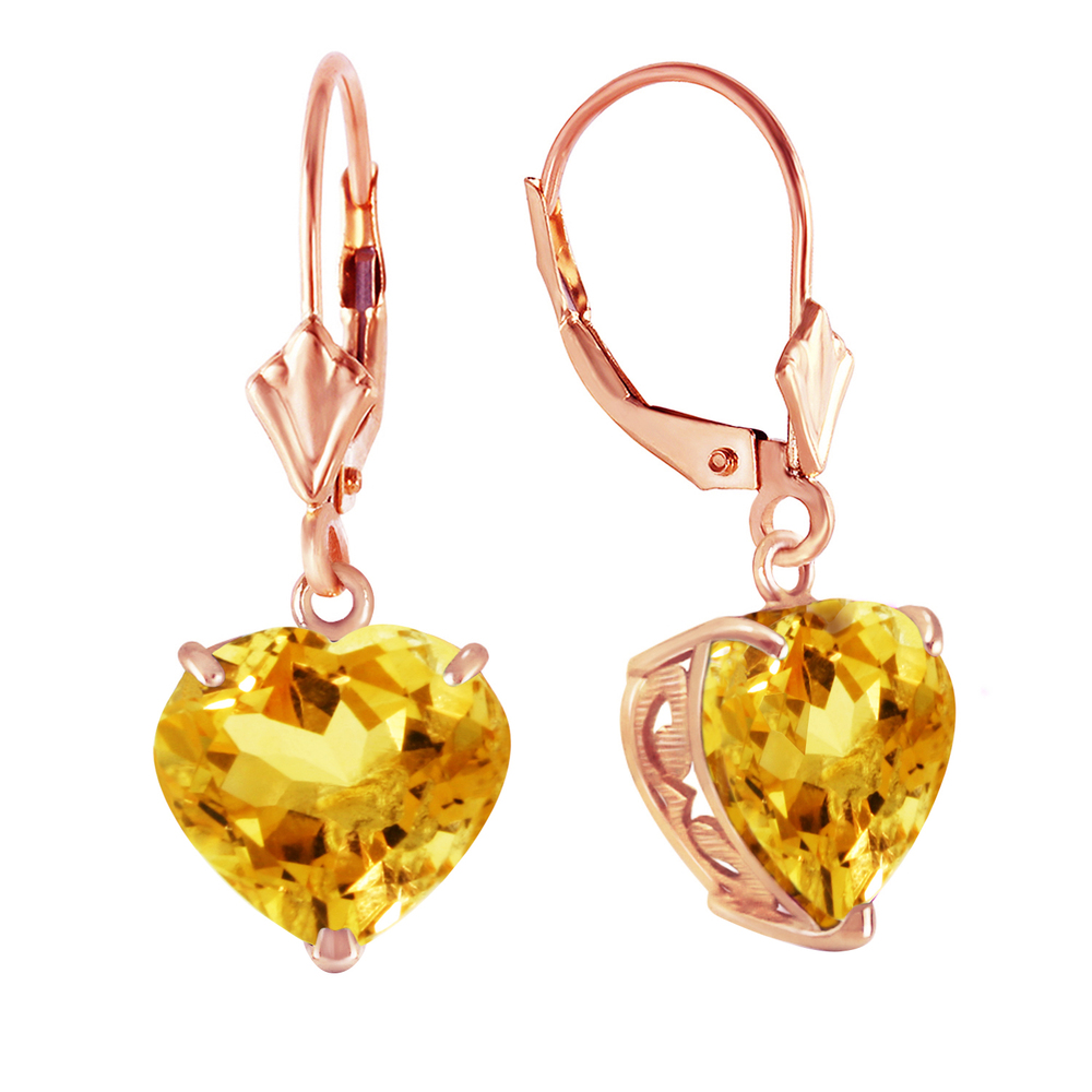 14K. SOLID GOLD LEVER BACK EARRINGS NATURAL 10mm HEART CITRINES (Rose Gold)
